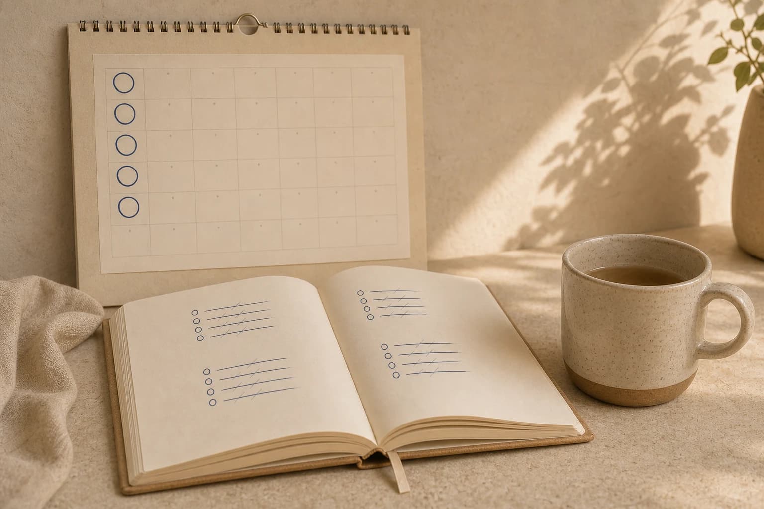 A warm still life with repeated calendar marks, crossed-out plans, and a mug