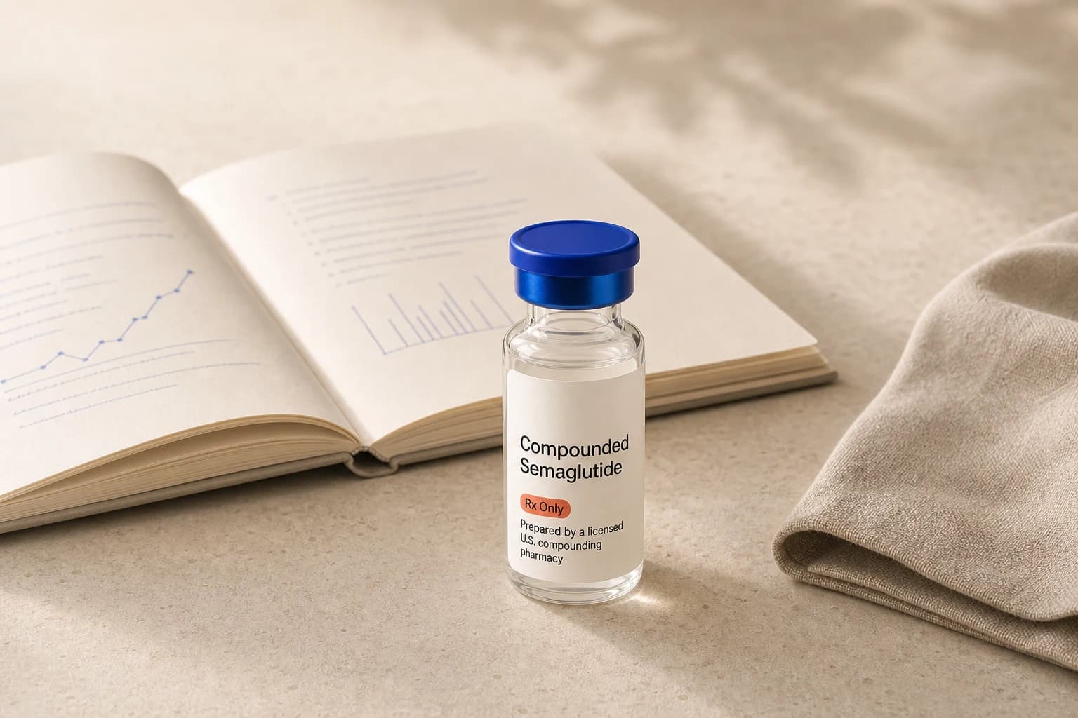 A generic compounded semaglutide vial beside an open research journal