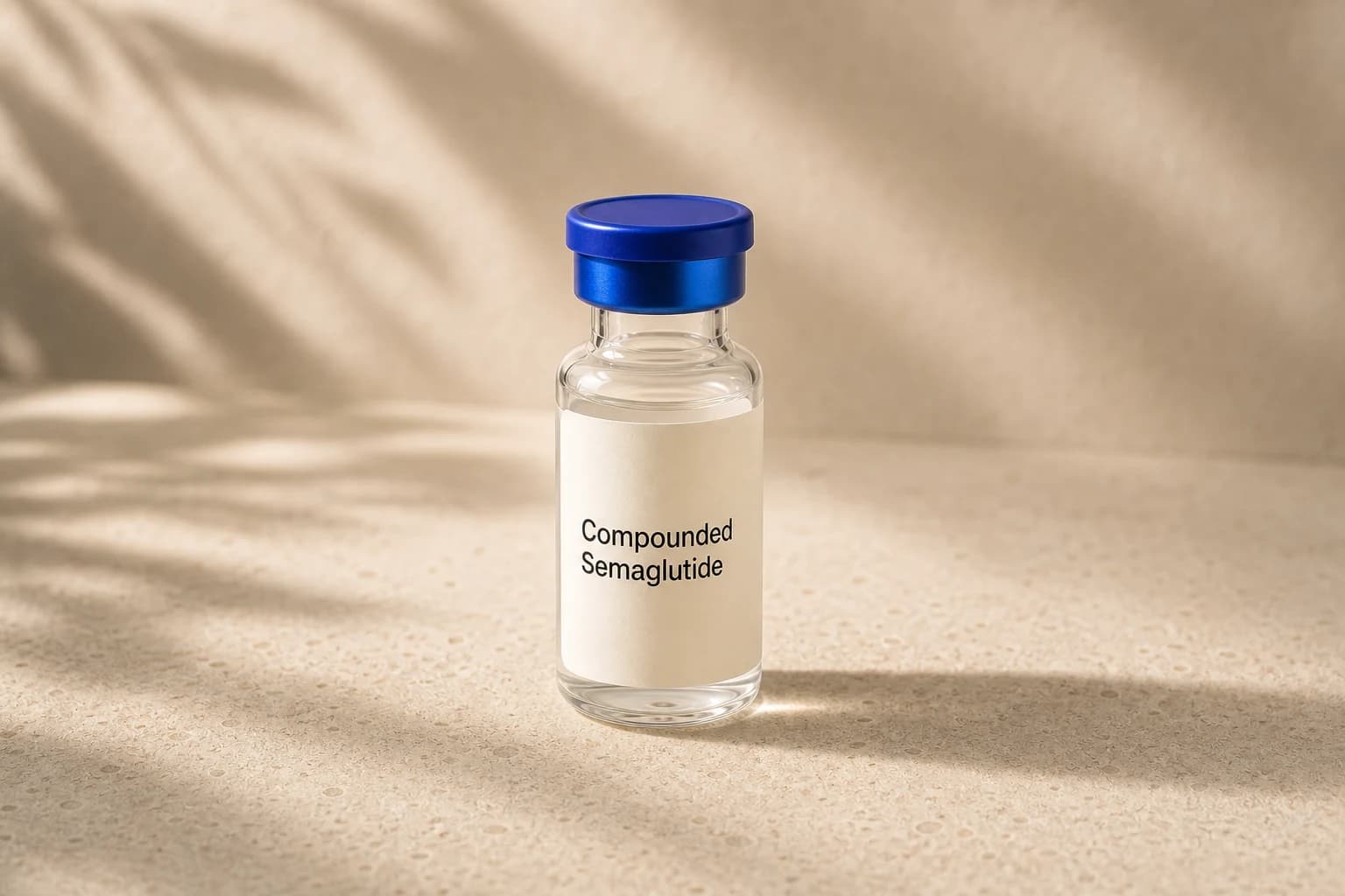 A generic compounded semaglutide vial beside cream research volumes