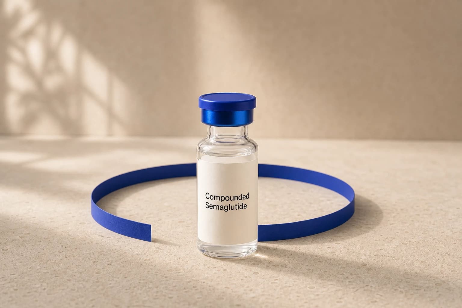 A generic compounded semaglutide vial framed by an open cobalt circle