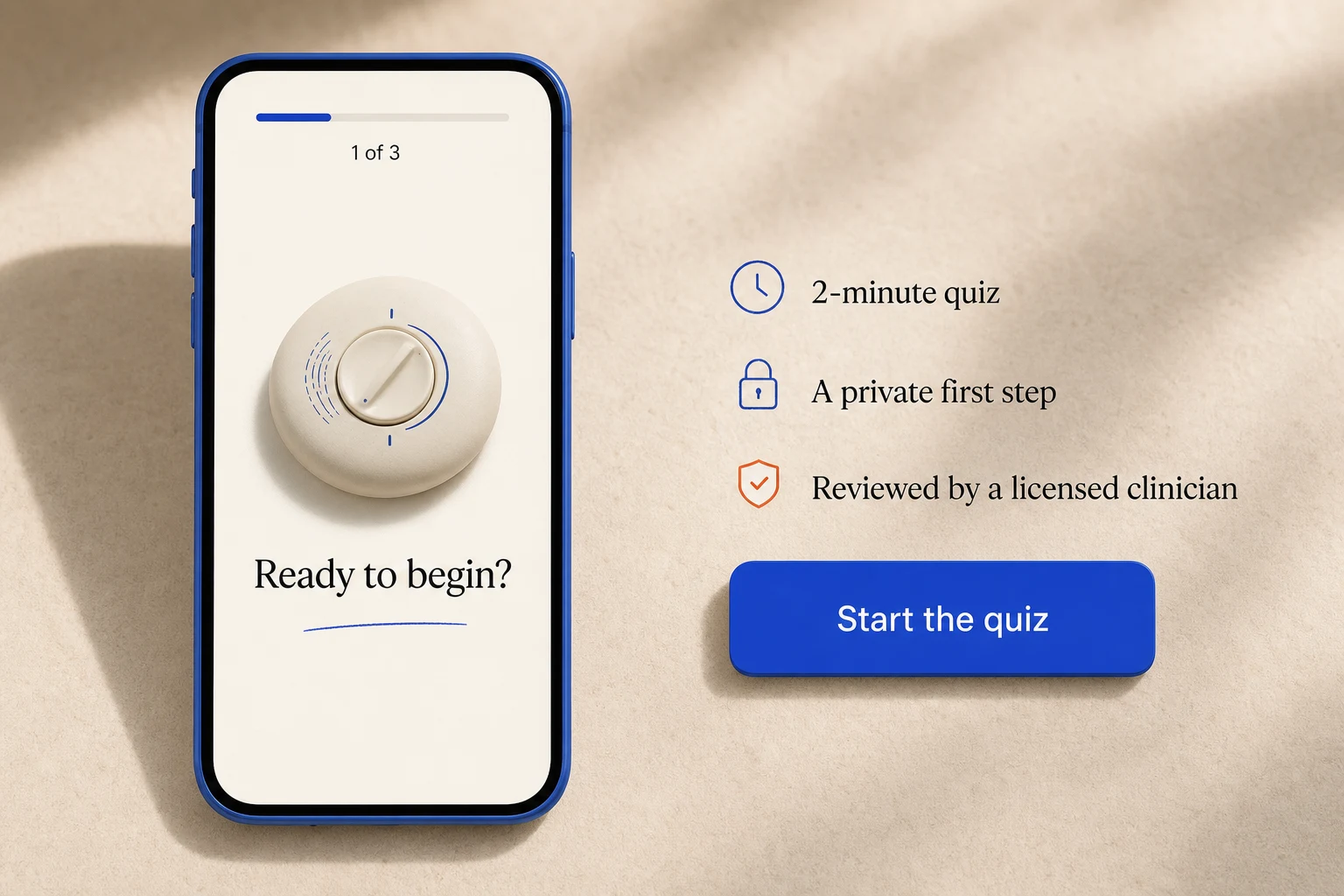 Two-minute private quiz mockup with a short progress bar and licensed-clinician review message.